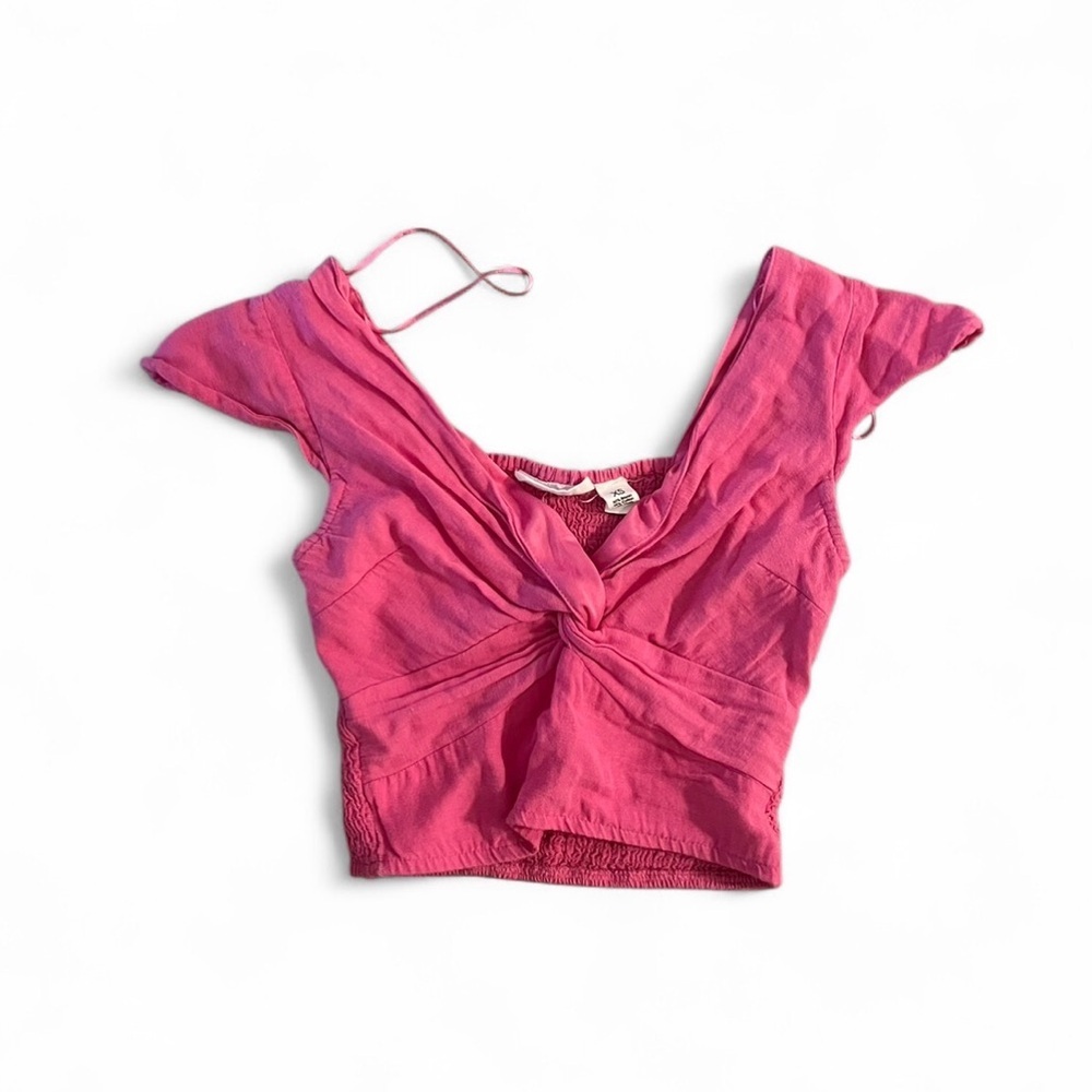 Twist-Front Pink Crop Top with Cap Sleeves - Picture 1 of 3